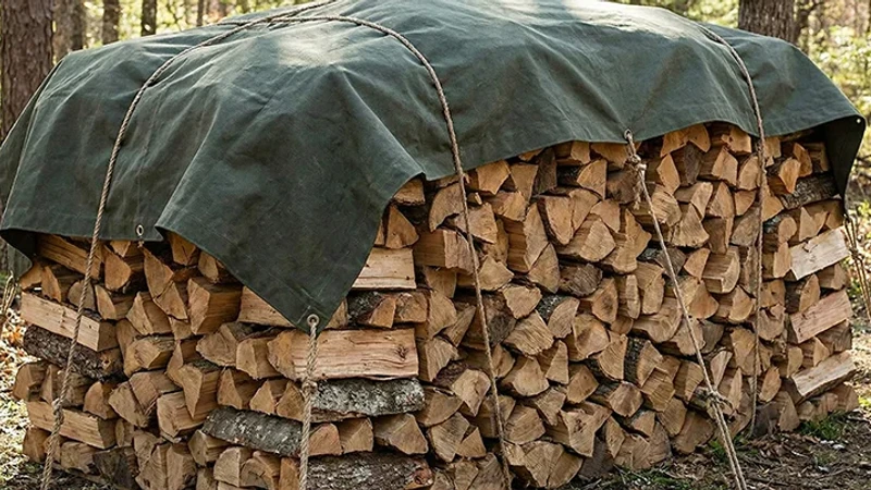 Правилно покрито дърво за огрев с брезент, позволяващ циркулация на въздуха