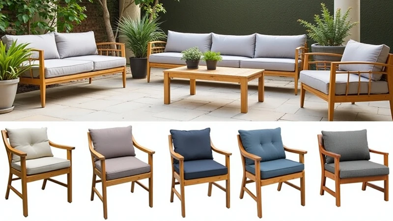 Колаж, показващ градински мебели със сиви възглавници и пет варианта на столове с различни цветове текстил – бежово, сиво, синьо и антрацит.