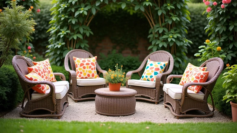 Уютен кът в градината с четири кафяви плетени стола, бели седалки и декоративни възглавници с пъстри шарки около масичка.