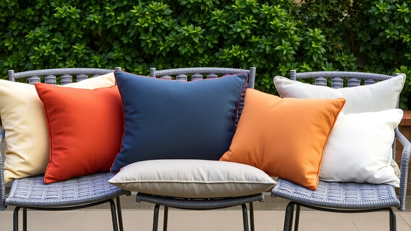 Редица от сиви градински столове, декорирани с меки възглавници в наситено оранжево, тъмносиньо и кремаво пред зелен жив плет.