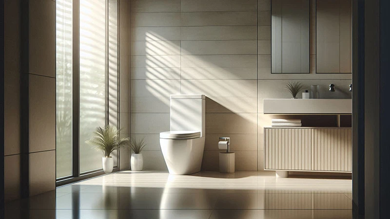 Модерен бял моноблок с изчистен дизайн, разположен в светла баня с големи прозорци и дървени мебели.