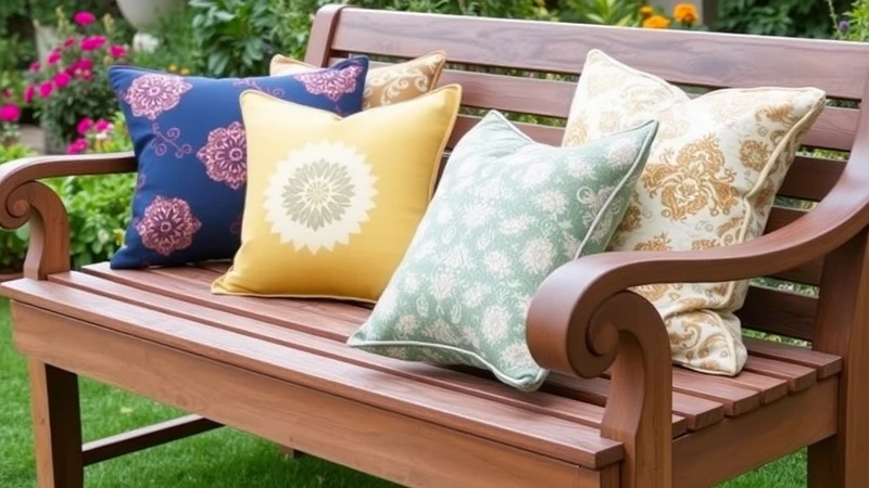 Стилна дървена пейка в градина, декорирана с меки възглавници с флорални и орнаментални мотиви в синьо, жълто и зелено.