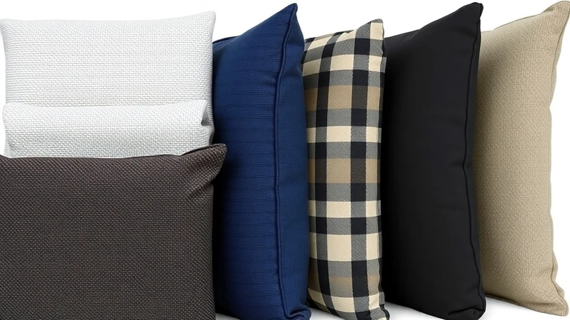 Редица от готови декоративни възглавници за градина в неутрални и тъмносини тонове, подредени една до друга.