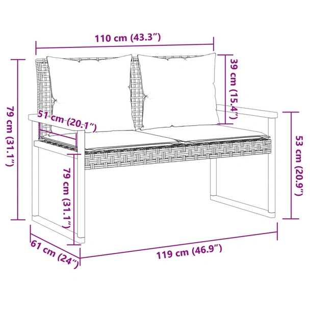 Градинска пейка с възглавница бежов микс полиратан и акация - VL365863 - Image 10