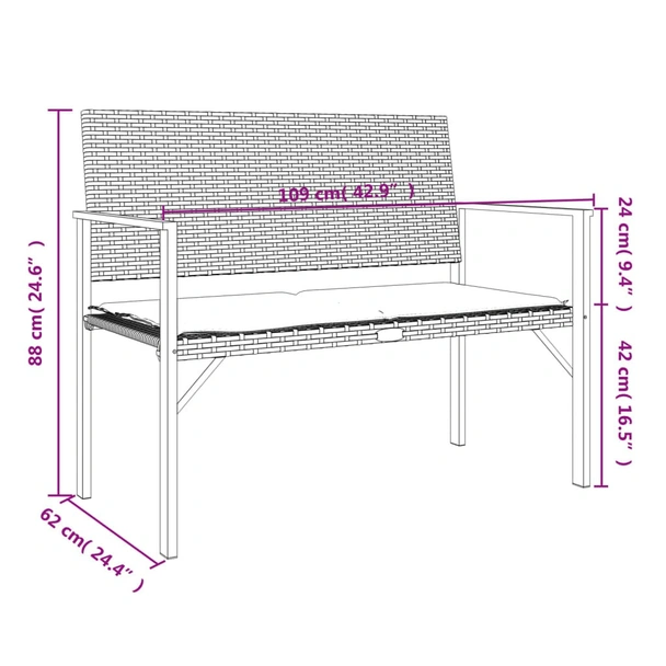 2-местна градинска пейка с възглавница, черна, полиратан - VL364119 - Image 9