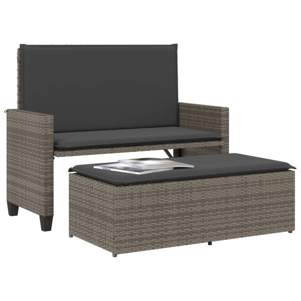 Градинска пейка с възглавници и табуретка, сива, полиратан - VL368409 - Image 4