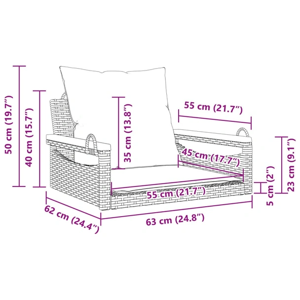 Пейка-люлка с възглавници, бежова, 63x62x40 см, полиратан - VL368166 - Image 9
