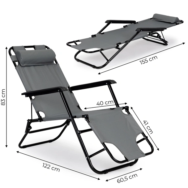 Сгъваем стол тип шезлонг 153x60x80 см сив DeHOME - Image 6