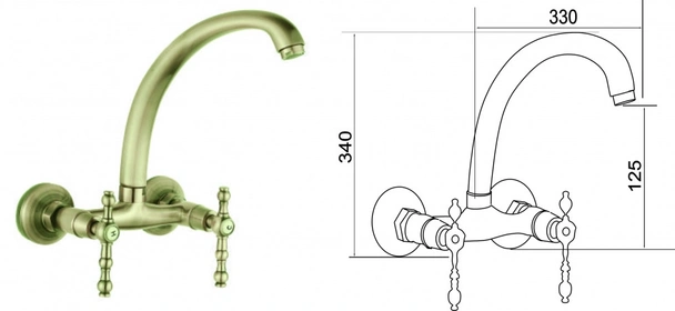 Античен висок стенен смесител за кухня Сайлор старо злато INTER CERAMIC - Image 2