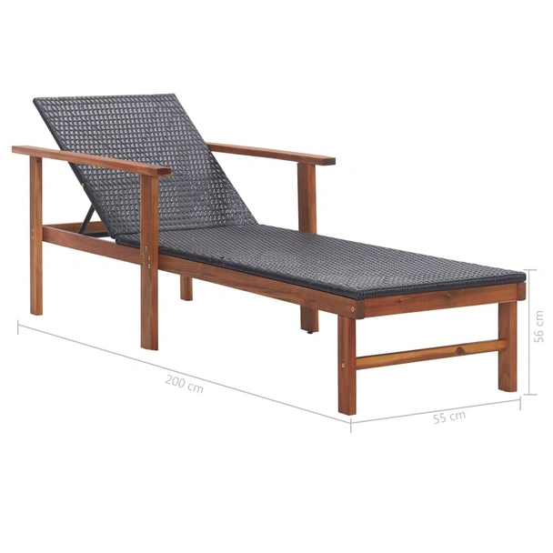 Шезлонг, полиратан и акация масив, черен - Image 9