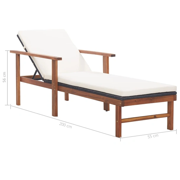 Шезлонг с възглавница, полиратан и акация масив, черен - Image 10