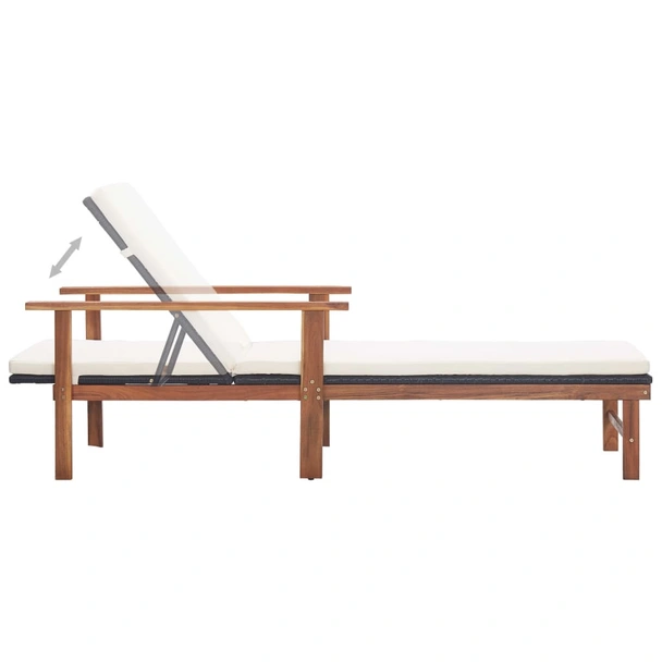 Шезлонг с възглавница, полиратан и акация масив, черен - Image 6