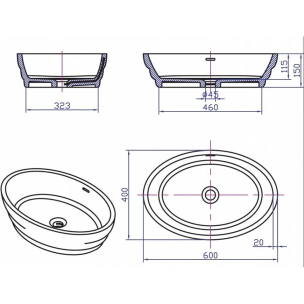 Умивалник от полимермраморен камък 60х40х1,5см бял мат INTER CERAMIC - Image 2