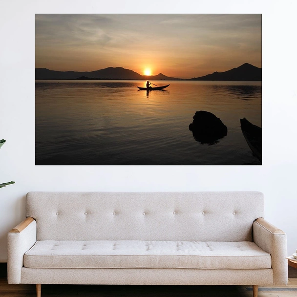 Рибар с лодка по залез 2 - картина пано за стена