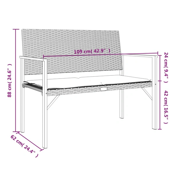 2-местна градинска пейка с възглавница, сива, полиратан - VL364120 - Image 9