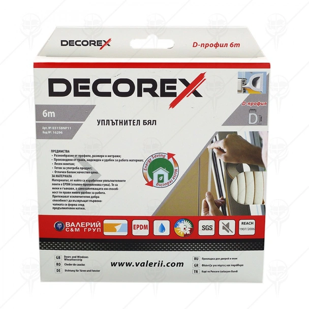 Уплътнител 5.5мм 6м P-профил бял DECOREX