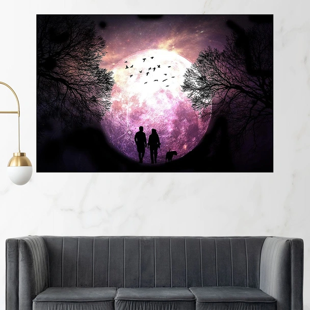 Разходка на двойка с куче - картина пано за стена