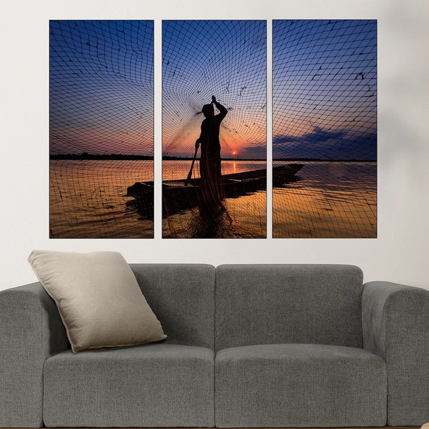 Рибар с мрежа по залез - картина пано за стена - Image 2