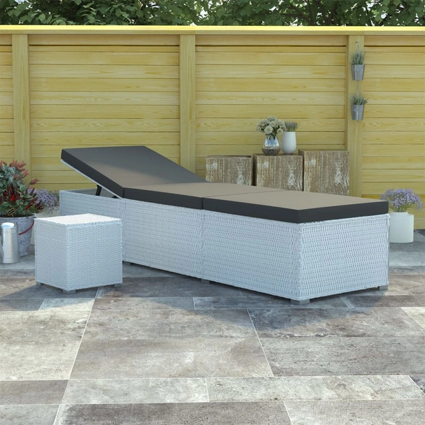 Шезлонг с шалте и маса за чай, бял полиратан - Image 12