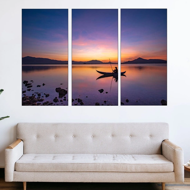 Рибар с лодка по залез - картина пано за стена - Image 2