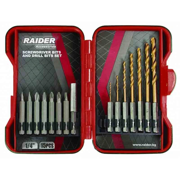 Накрайници и свредла 1/4" 15 бр. к-кт Raider
