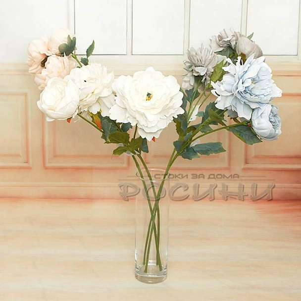 Декоративен стрък Божур с три цвята 66 см - Image 3