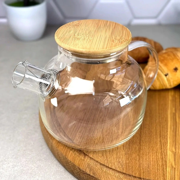 Стъклен чайник с метална цедка и бамбуков капак 1 л - Image 2