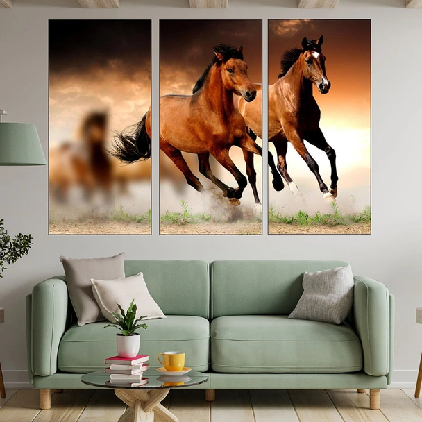 Препускащи коне по залез - картина пано за стена - Image 2