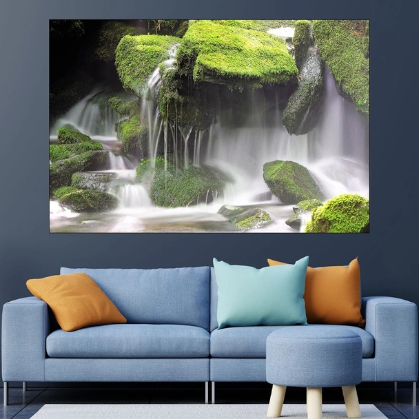 Водопад и мъхести камъни - картина пано за стена