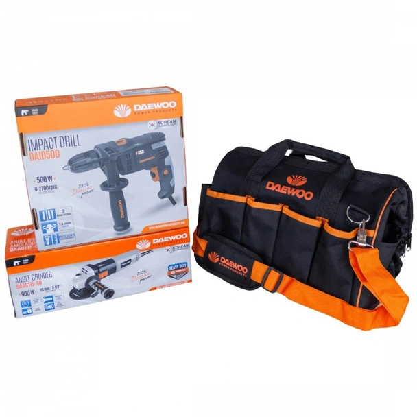 Комплект ъглошлайф DAAG115-90 + бормашина DAID500 + чанта DAEWOO - Image 3