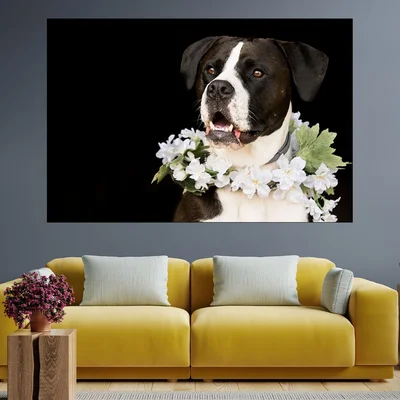 Портрет на куче с венец от цветя - картина пано за стена