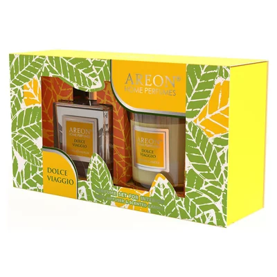 Комплект ароматизатор с пръчици 150 мл + свещ Сладко пътешествие AREON