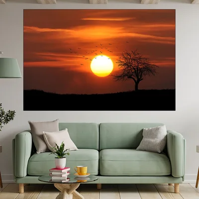 Залез над самотно дърво и птици - картина пано за стена