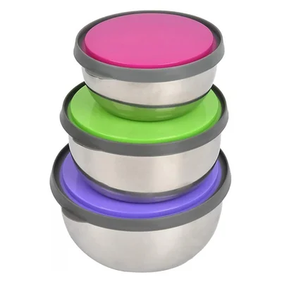 Комплект метални купи за храна с цветни капаци 3 бр.