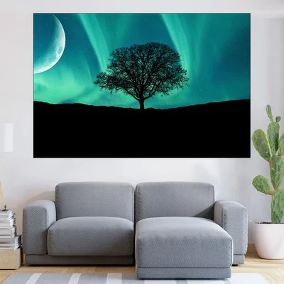Северно сияние и дърво - картина пано за стена