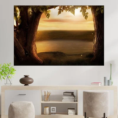 Вековни дървета и езеро - картина пано за стена
