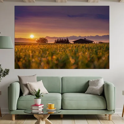 Изгрев над алпийско село - картина пано за стена