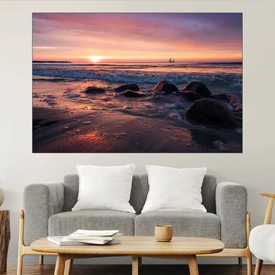 Крайбрежие с кораб в далечината - картина пано за стена