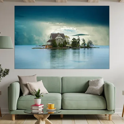 Къща на остров в езерото - картина пано за стена