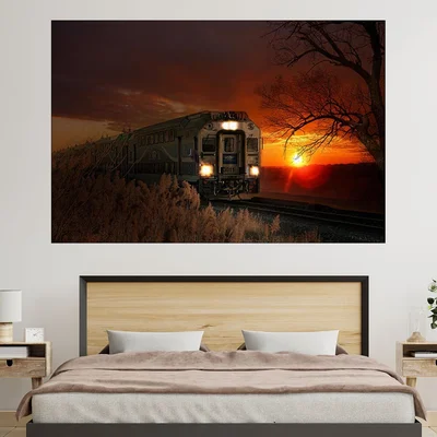Влак по залез слънце - картина пано за стена