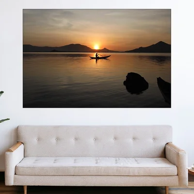 Рибар с лодка по залез 2 - картина пано за стена
