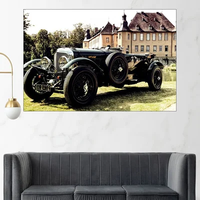 Ретро автомобил пред замък - картина пано за стена