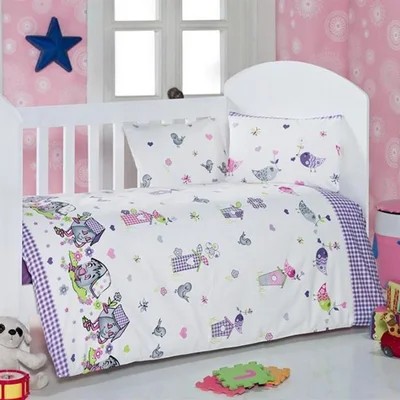 Спален комплект за бебе 4 части 100% памук Къщички ZAMBAK