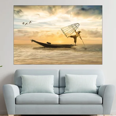 Рибар в езерото - картина пано за стена