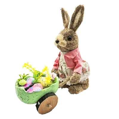 Великденска декорация Заек с количка в розово и зелено