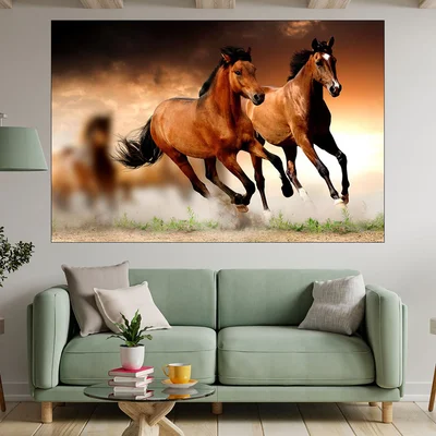 Препускащи коне по залез - картина пано за стена