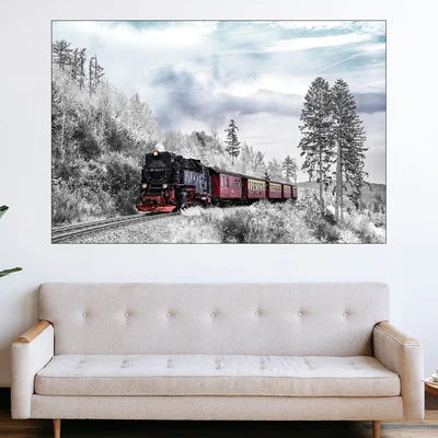 Пътнически влак през зимата - картина пано за стена