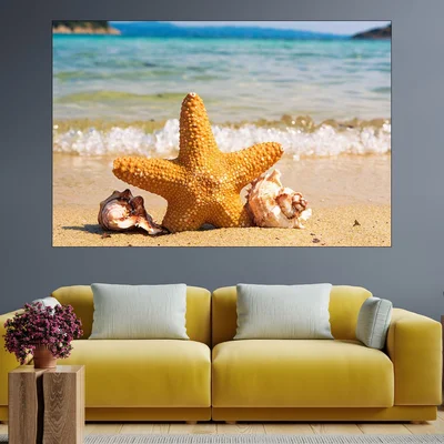 Плаж с морска звезда и рапани - картина пано за стена
