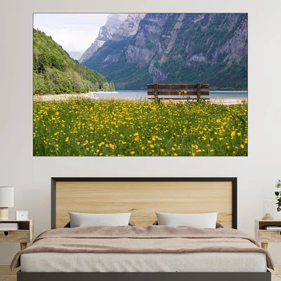 Езеро и поляна в Алпите - картина пано за стена