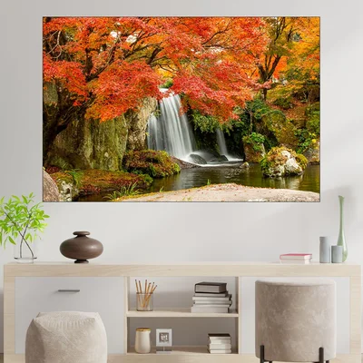 Горски водопад през есента - картина пано за стена